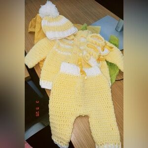 Adorable Yellow and White Knitted Baby Footie Set